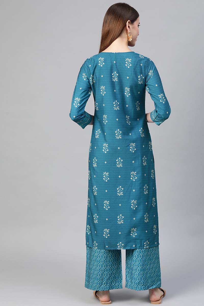 Ahika Women Crepe Blue Ethnic Motifs Printed Straight Kurta Pant Set 