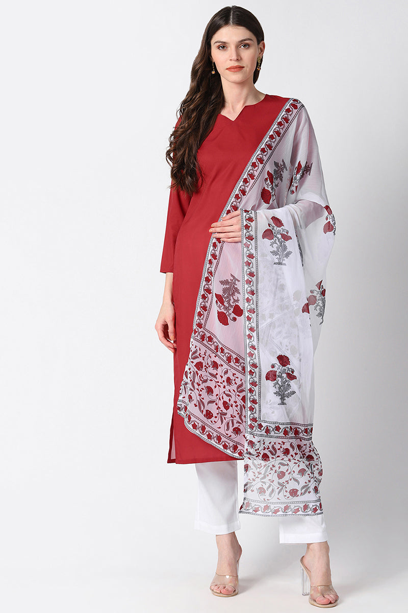 Ahika Women Poly Crepe Maroon Solid Printed Straight Kurta Pant Dupatta Set 