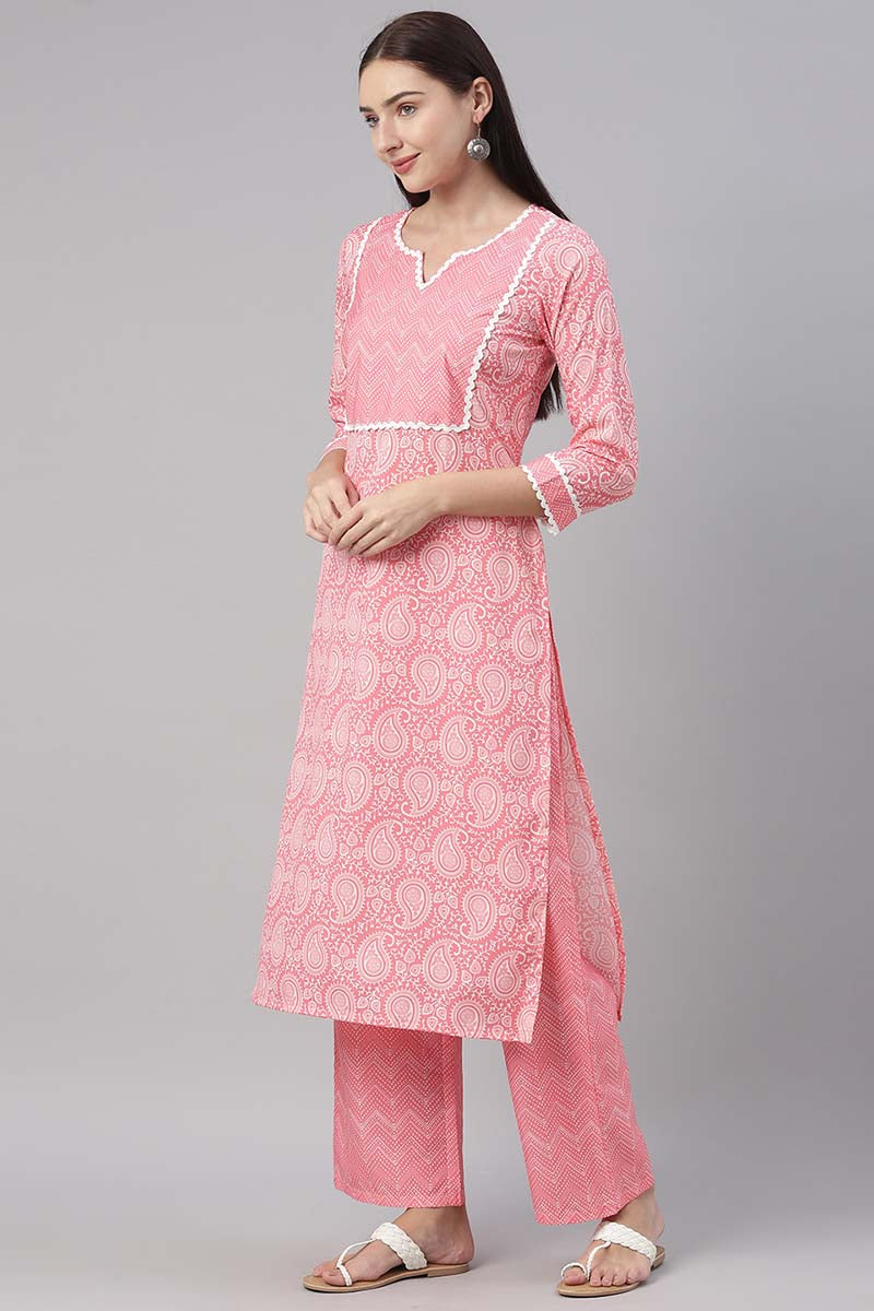 Ahika Women Crepe Pink Paisley Printed Straight Kurta Pant Dupatta Set 