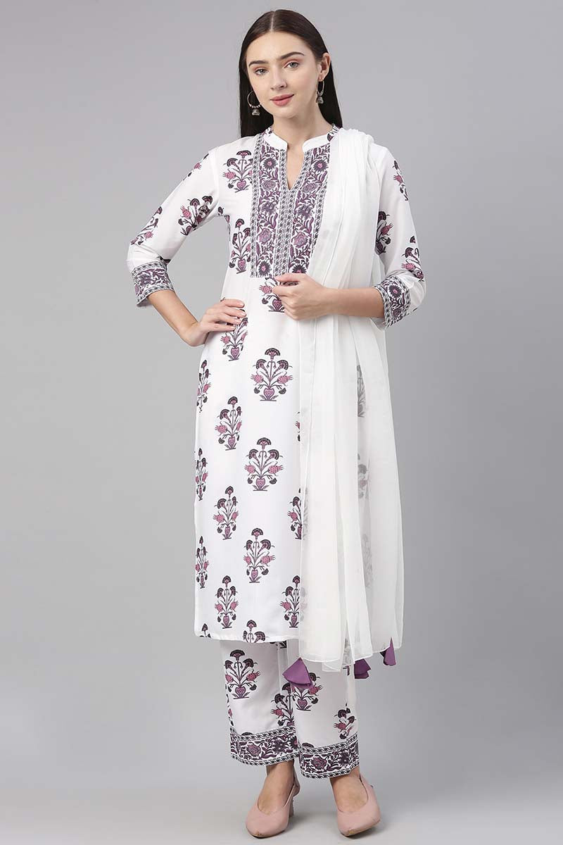 Ahika Women Crepe White Ethnic Motifs Printed Straight Kurta Pant Dupatta Set 