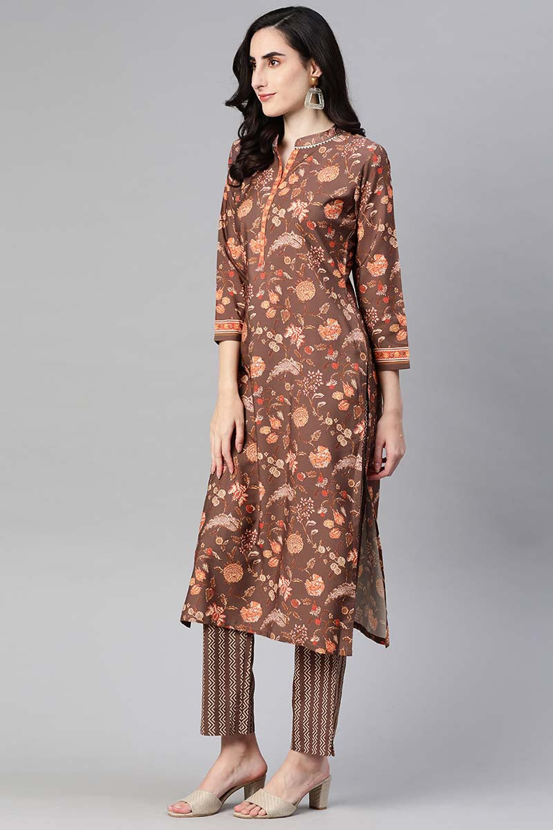 Brown Poly Crepe Floral Print Straight Suit Set PKSKD1036