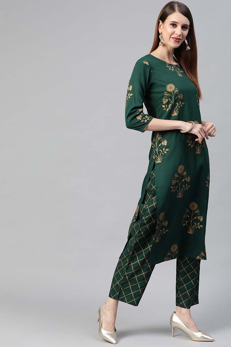 Ahika Women Crepe Green Ethnic Motifs Printed Straight Kurta Palazzo Dupatta Set 