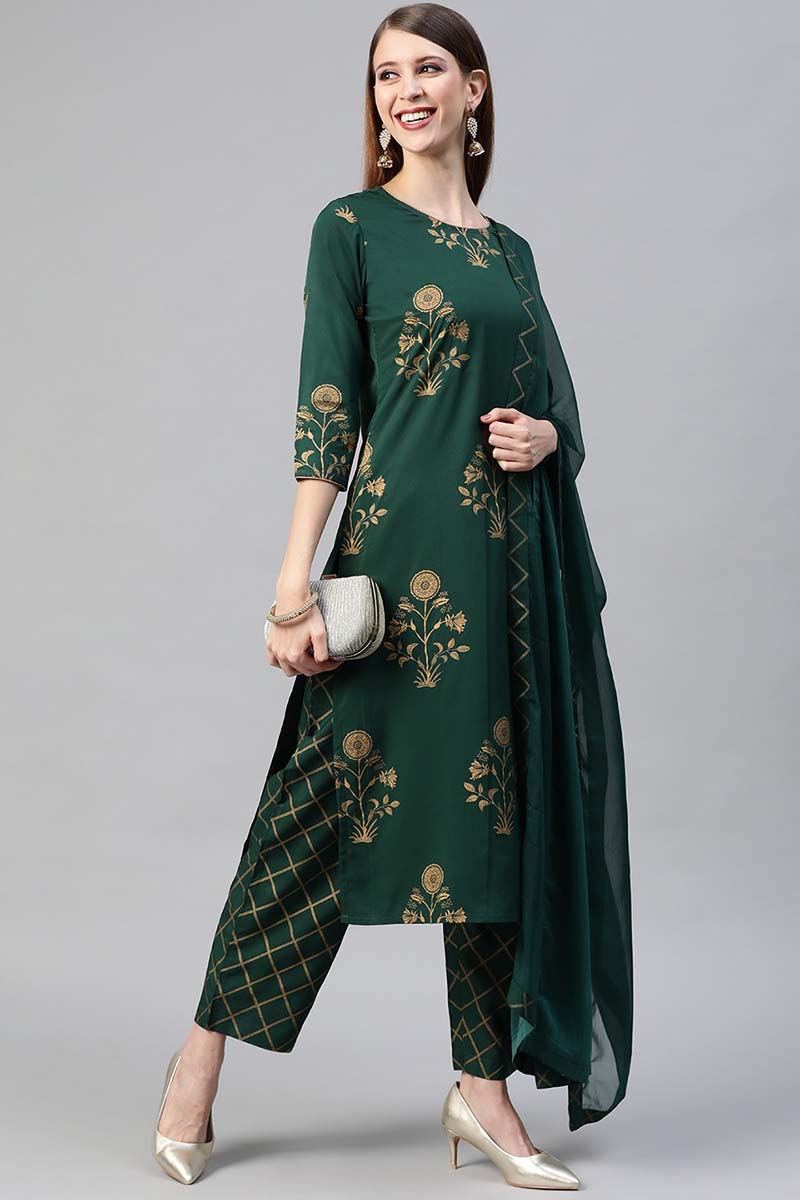 Ahika Women Crepe Green Ethnic Motifs Printed Straight Kurta Palazzo Dupatta Set 