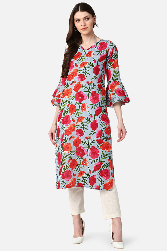 Ahika Women Grey And Pink Printed Straight Kurta 