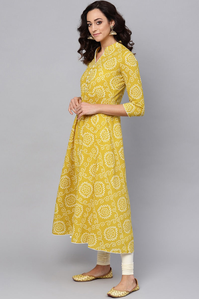 Ahika Women Festive Wear Cotton Fabric Yellow Color Printed Trendy Kurti 