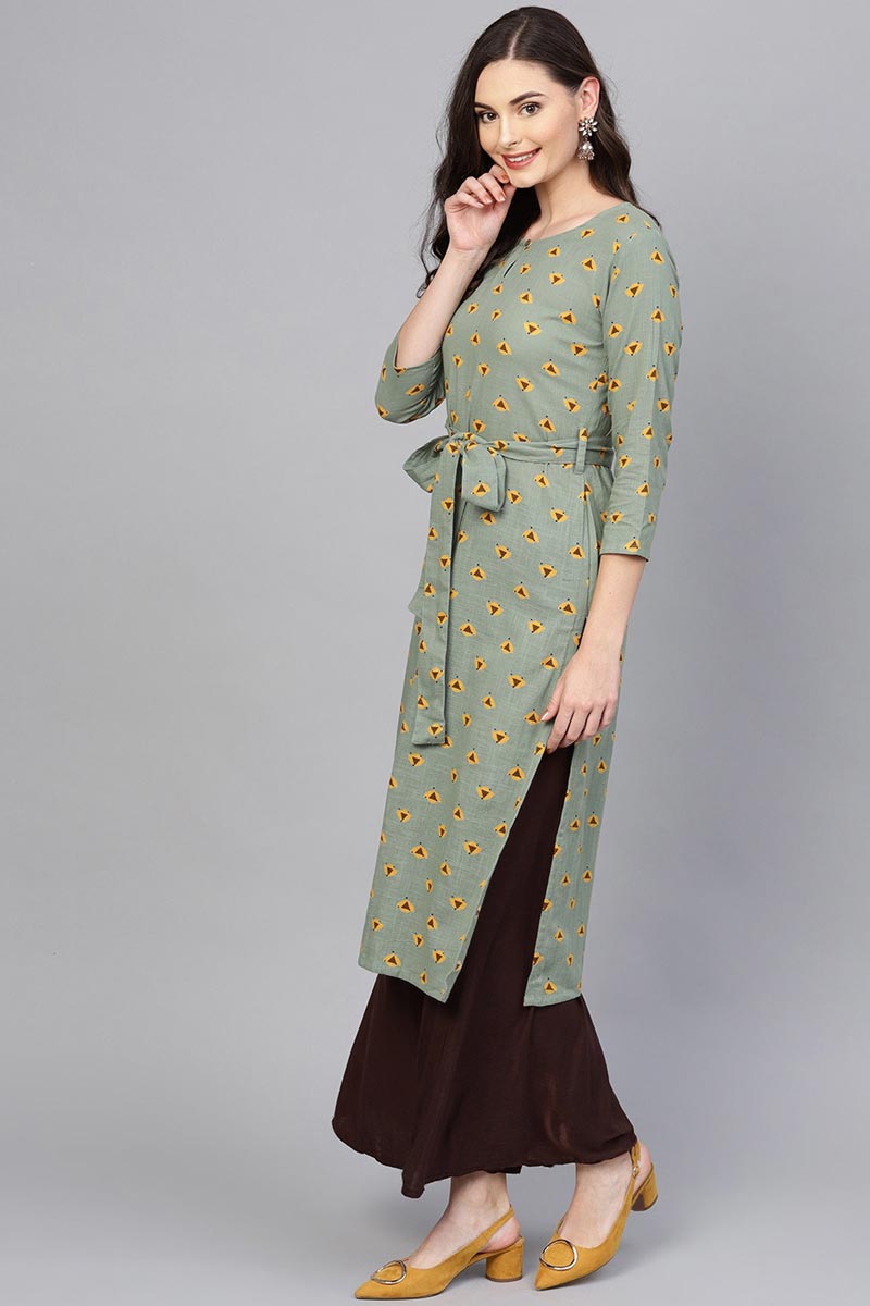 Ahika Women Festive Wear Cotton Fabric Khaki Color Printed Trendy Kurti 