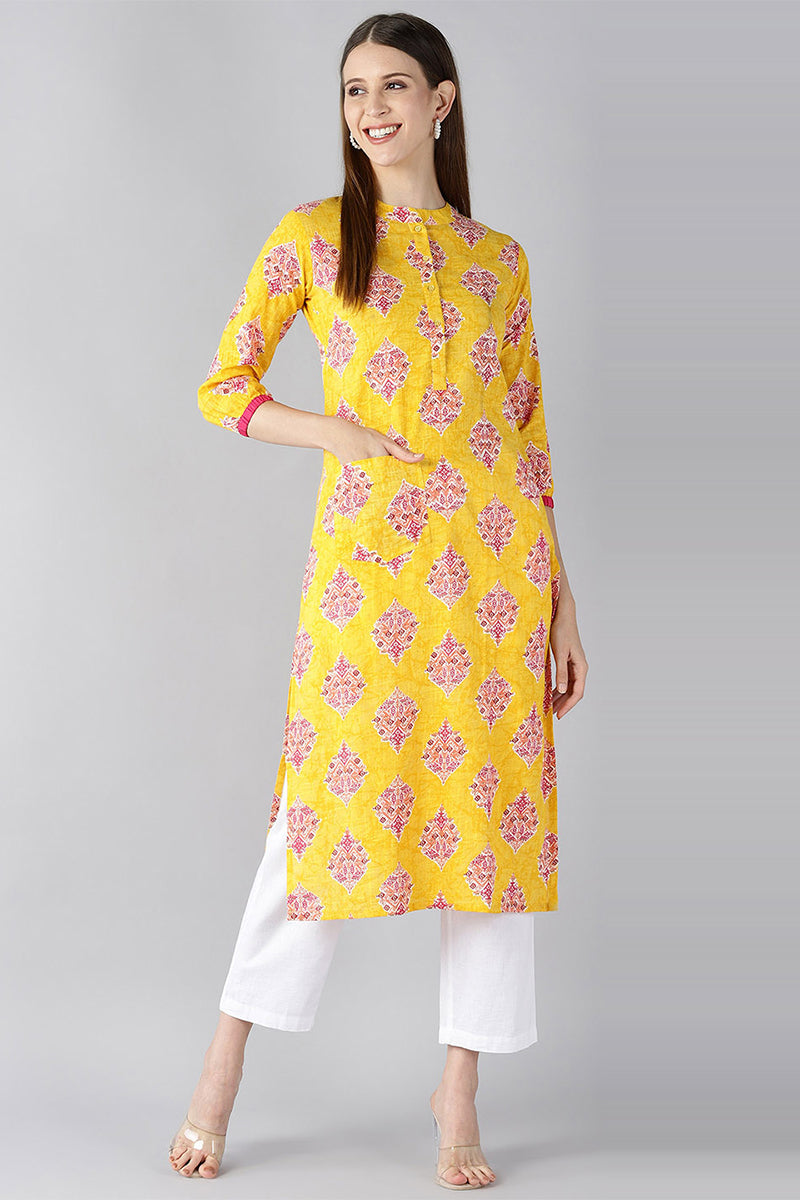 Ahika Women Cotton Fabric Trendy Festive Wear Yellow Color Printed Kurti 