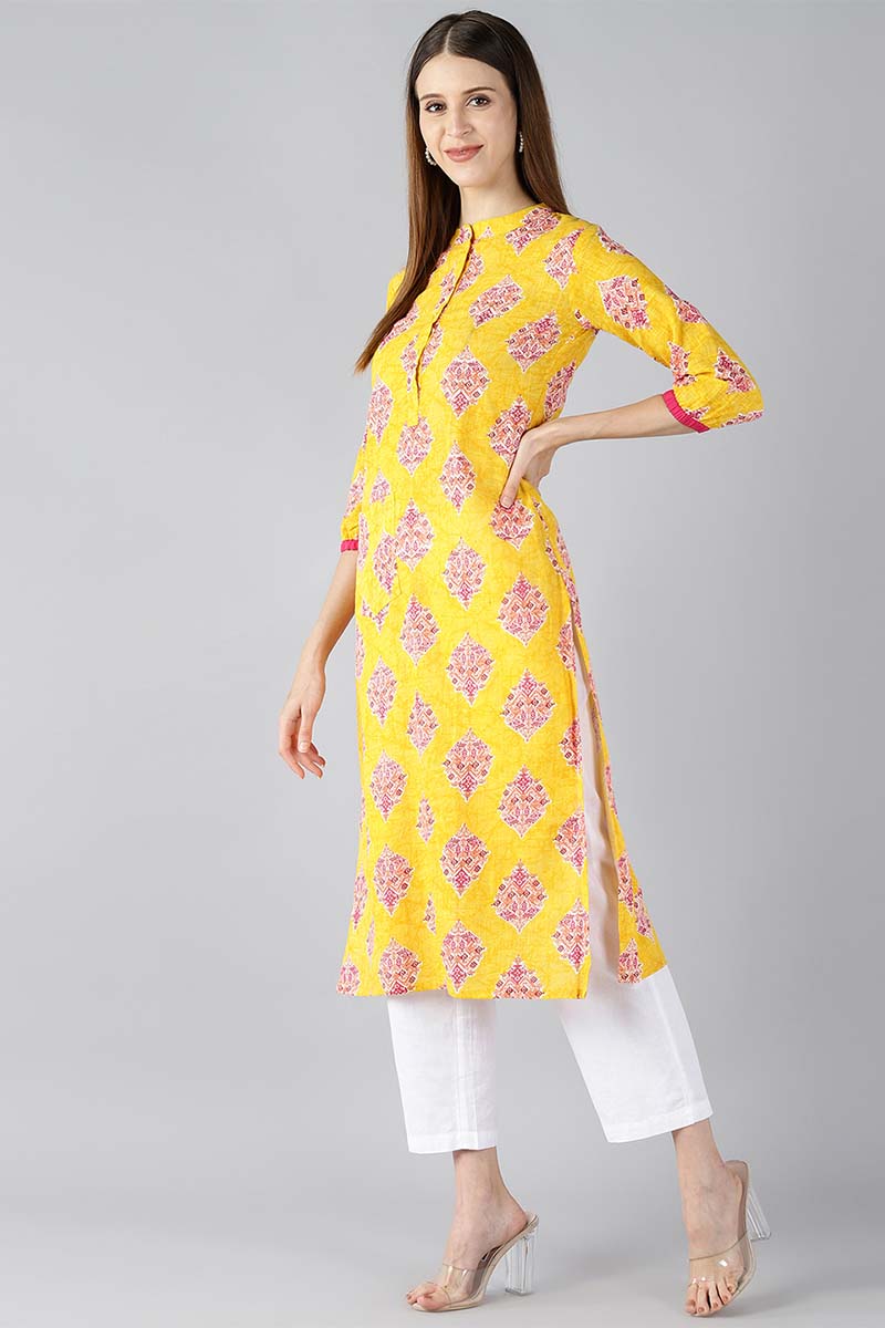 Ahika Women Cotton Fabric Trendy Festive Wear Yellow Color Printed Kurti 