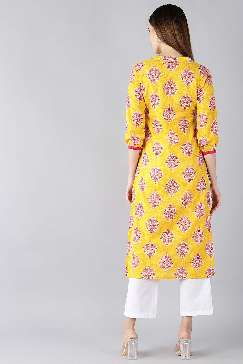 Ahika Women Cotton Fabric Trendy Festive Wear Yellow Color Printed Kurti 