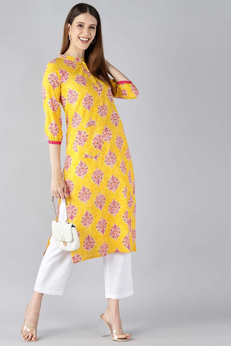 Ahika Women Cotton Fabric Trendy Festive Wear Yellow Color Printed Kurti 