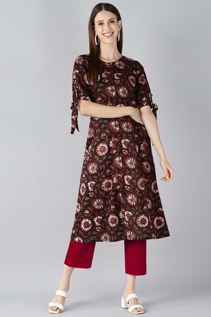 Ahika Women Occasion Wear Brown Color Printed Cotton Fabric Kurti 