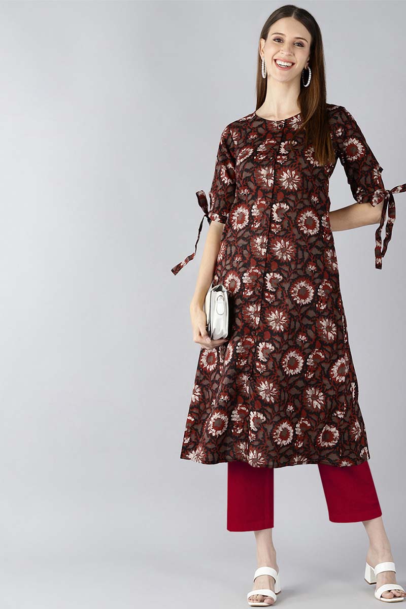 Ahika Women Occasion Wear Brown Color Printed Cotton Fabric Kurti 