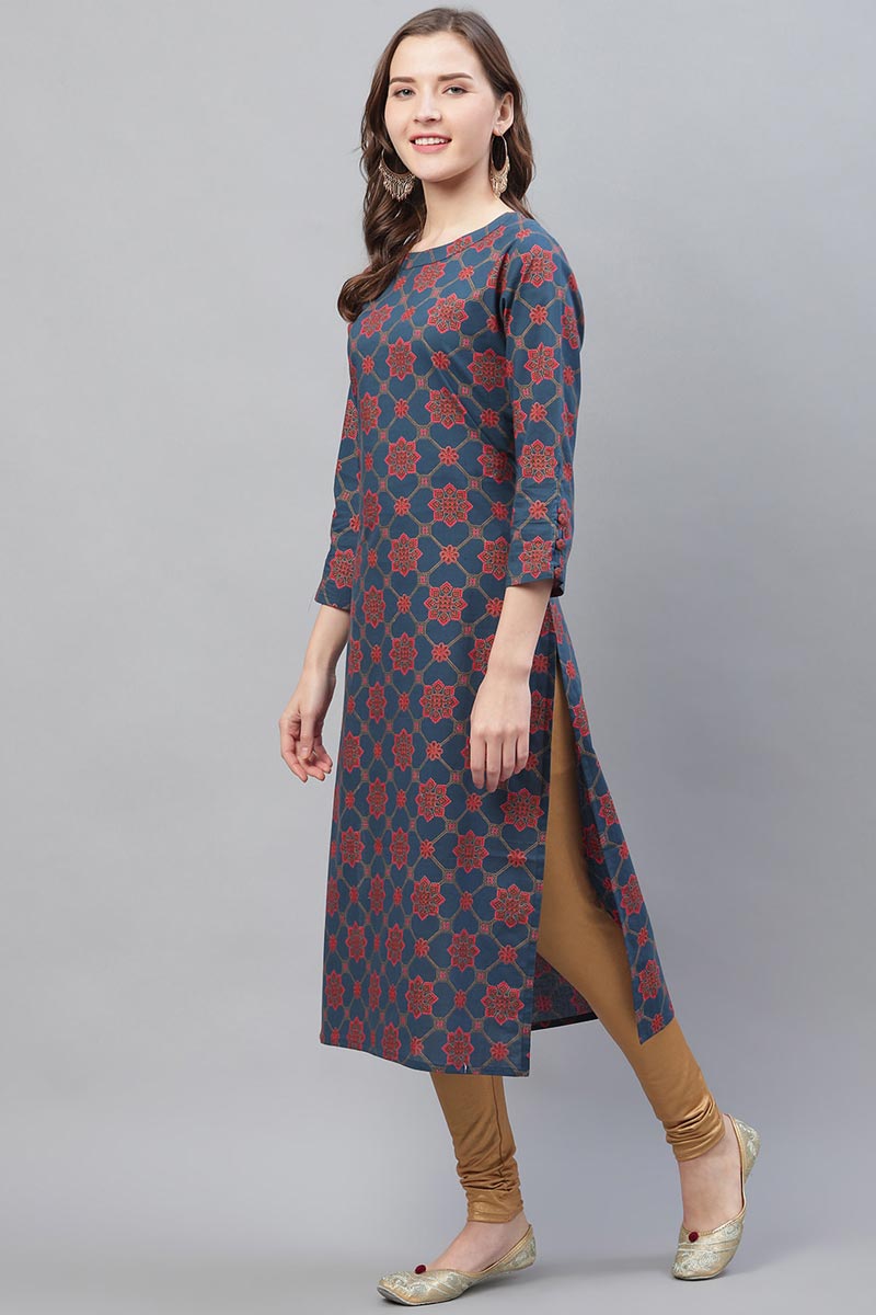 Red Party Wear Pure Cotton Long Kurtis Wash Care Dry Clean