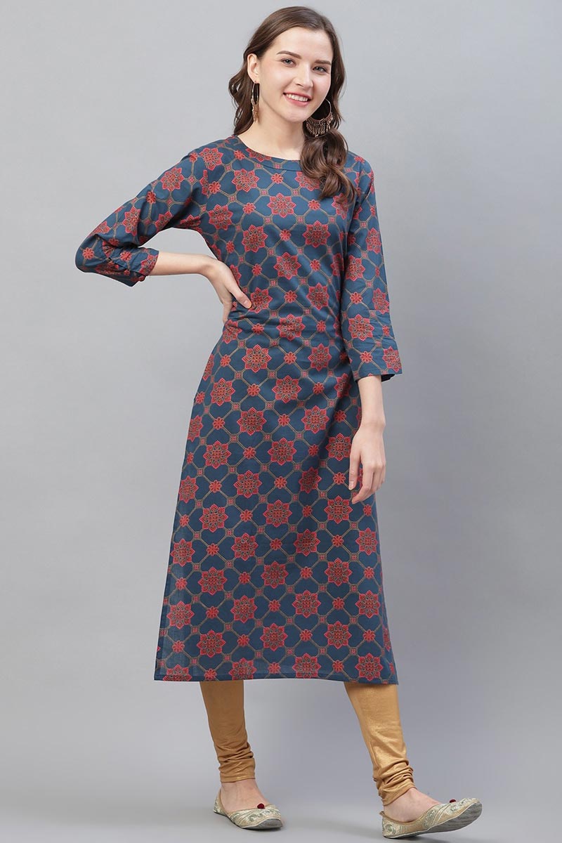 Ahika Women Cotton Printed Simple Daily Wear Kurti 