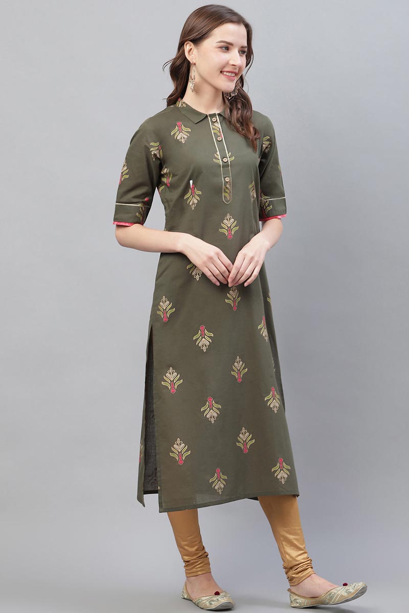 Ahika Women Occasion Wear Dark Olive Color Printed Cotton Kurti 