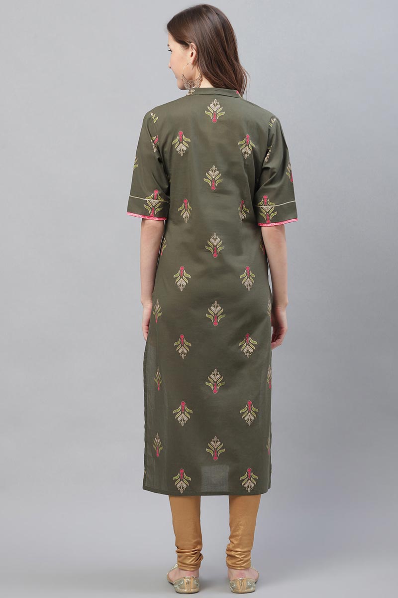 Ahika Women Occasion Wear Dark Olive Color Printed Cotton Kurti 