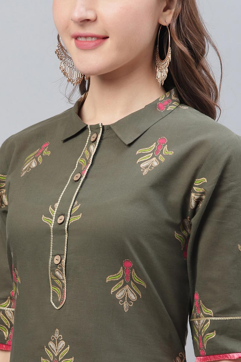 Ahika Women Occasion Wear Dark Olive Color Printed Cotton Kurti 