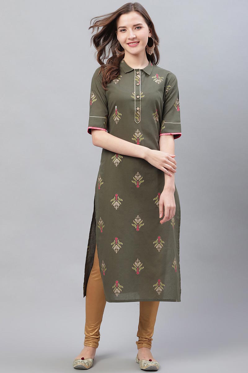 Ahika Women Occasion Wear Dark Olive Color Printed Cotton Kurti 