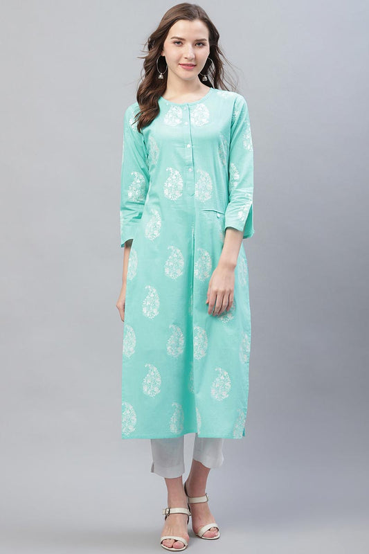 Ahika Women Trendy Festive Wear Cyan Printed Kurti 