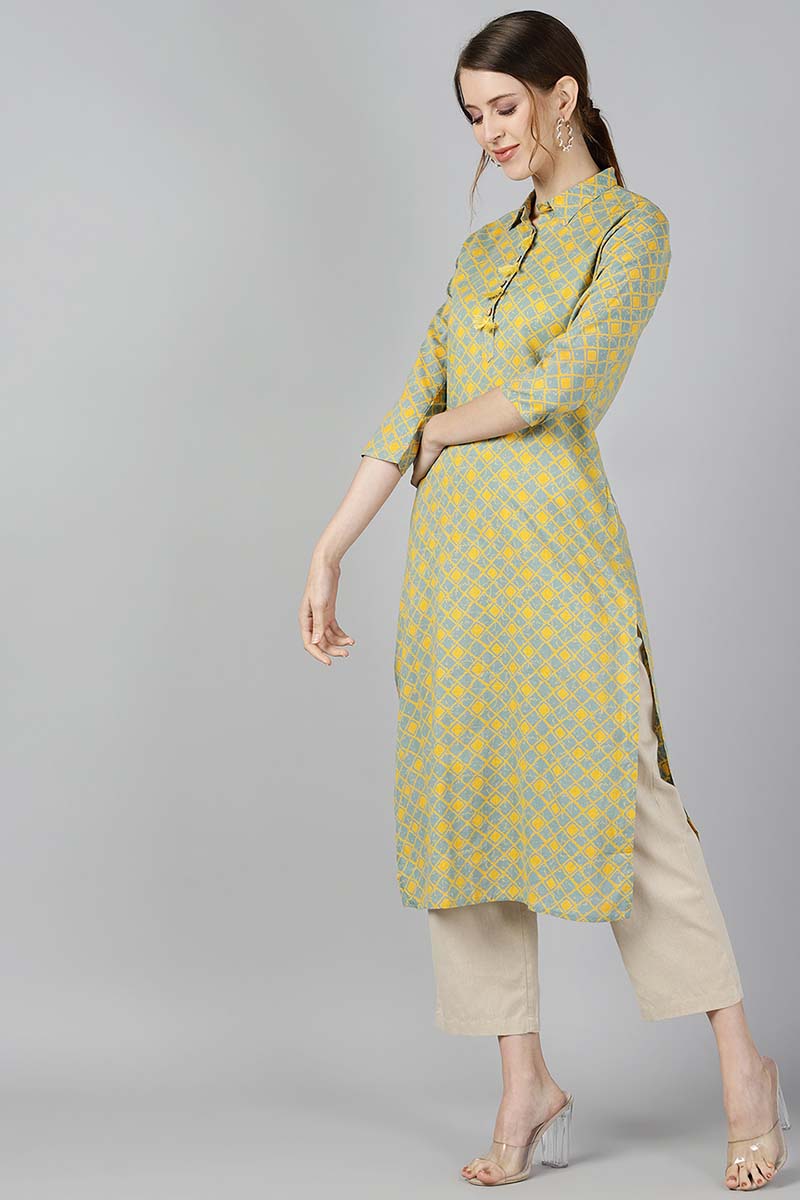 AHIKA Women Green & Mustard Yellow Screen Printed Straight Kurta 
