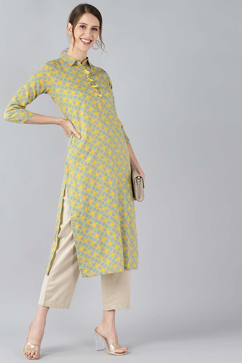 AHIKA Women Green & Mustard Yellow Screen Printed Straight Kurta 