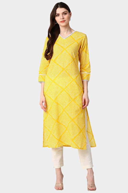 Ahika Women Yellow And White Bandhani Printed Straight Kurta 