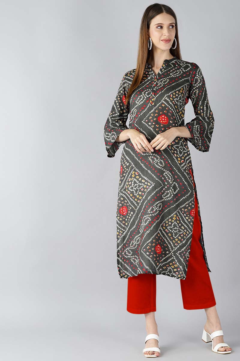 Ahika Women Charcoal Grey And Red Bandhani Printed Straight Kurta