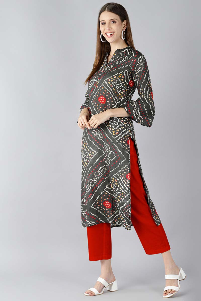 Ahika Women Charcoal Grey And Red Bandhani Printed Straight Kurta 