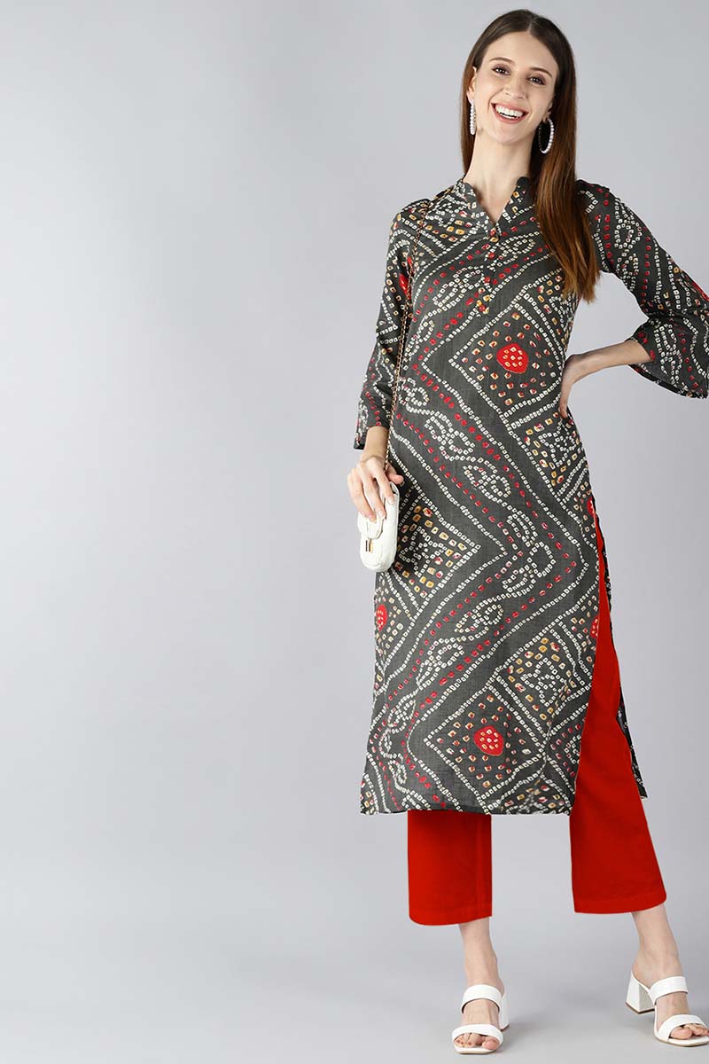 Women Charcoal Grey And Red Bandhani Printed Straight Kurta VCK1810E