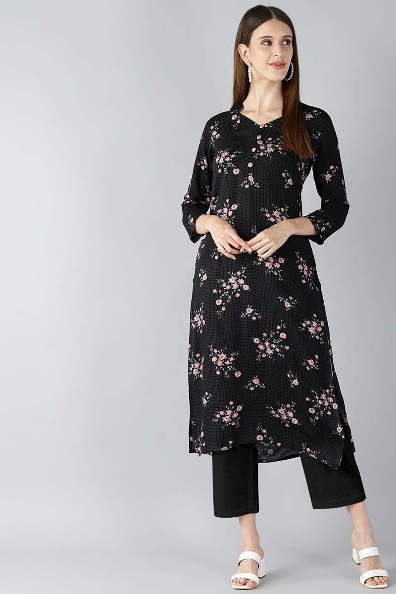 Ahika Women Black And Pink Printed A Line Kurta