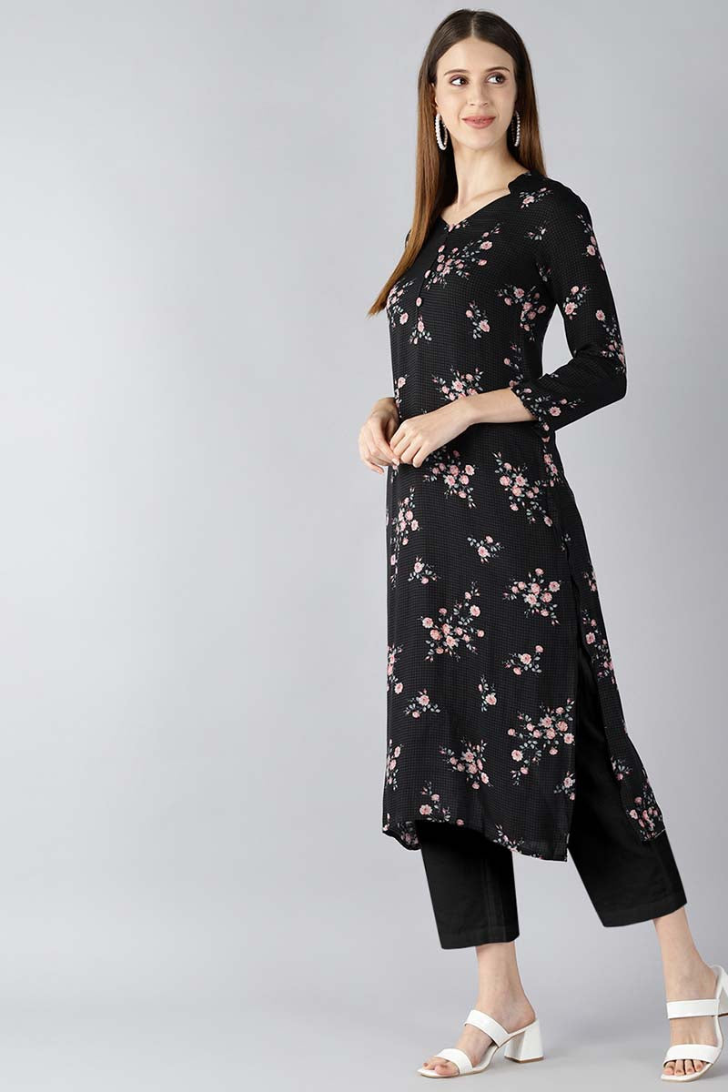 Ahika Women Black And Pink Printed A Line Kurta