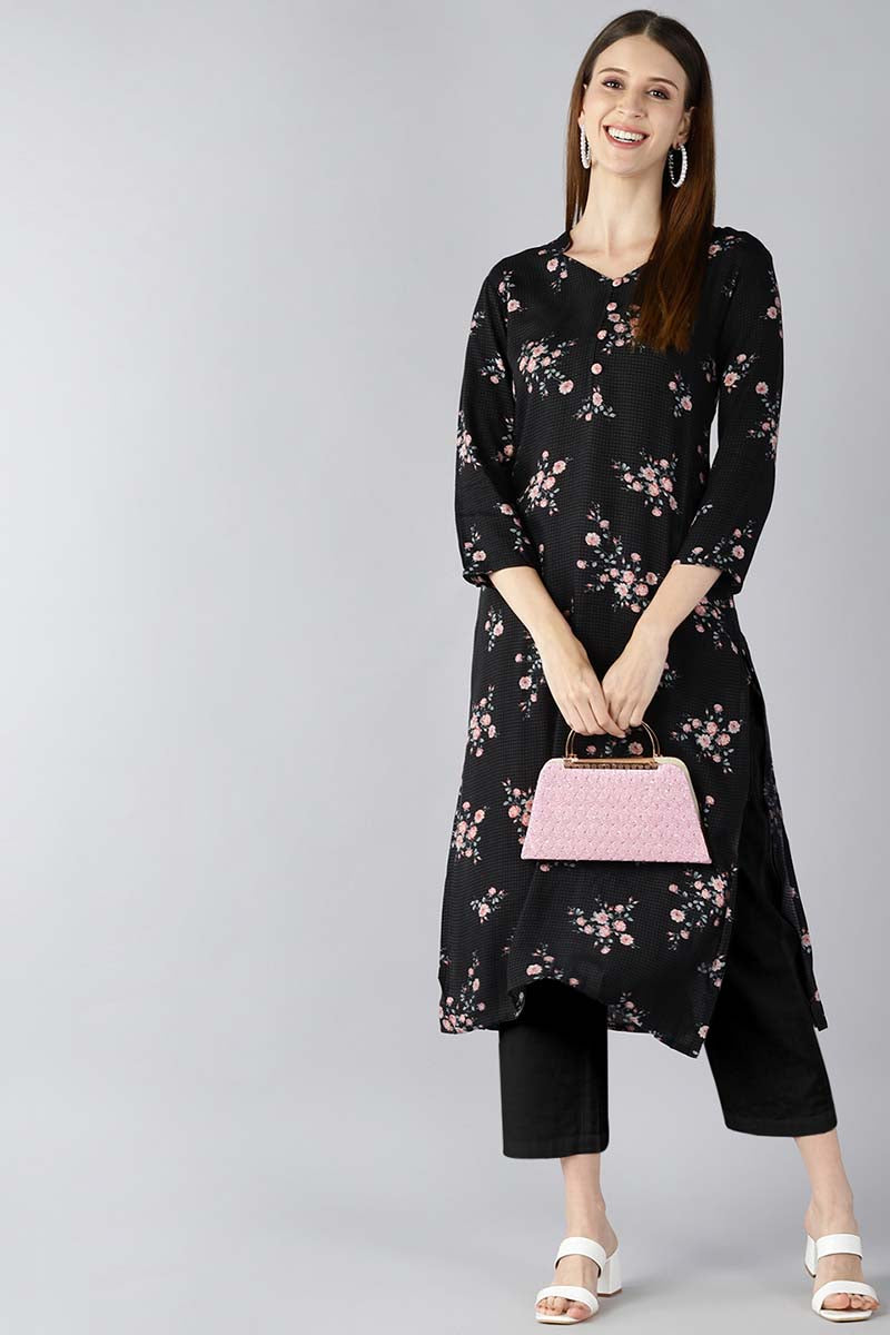 Ahika Women Black And Pink Printed A Line Kurta