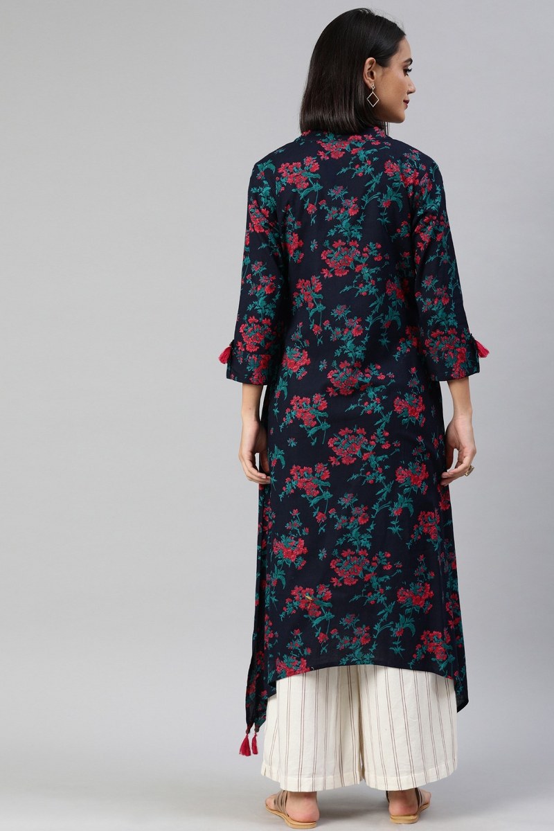 Ahika Women Blue And Red Printed A Line Cotton Kurta 