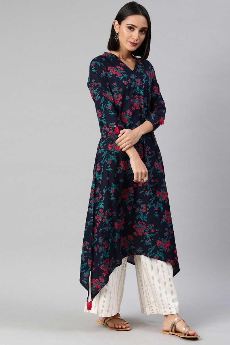 Ahika Women Blue And Red Printed A Line Cotton Kurta 