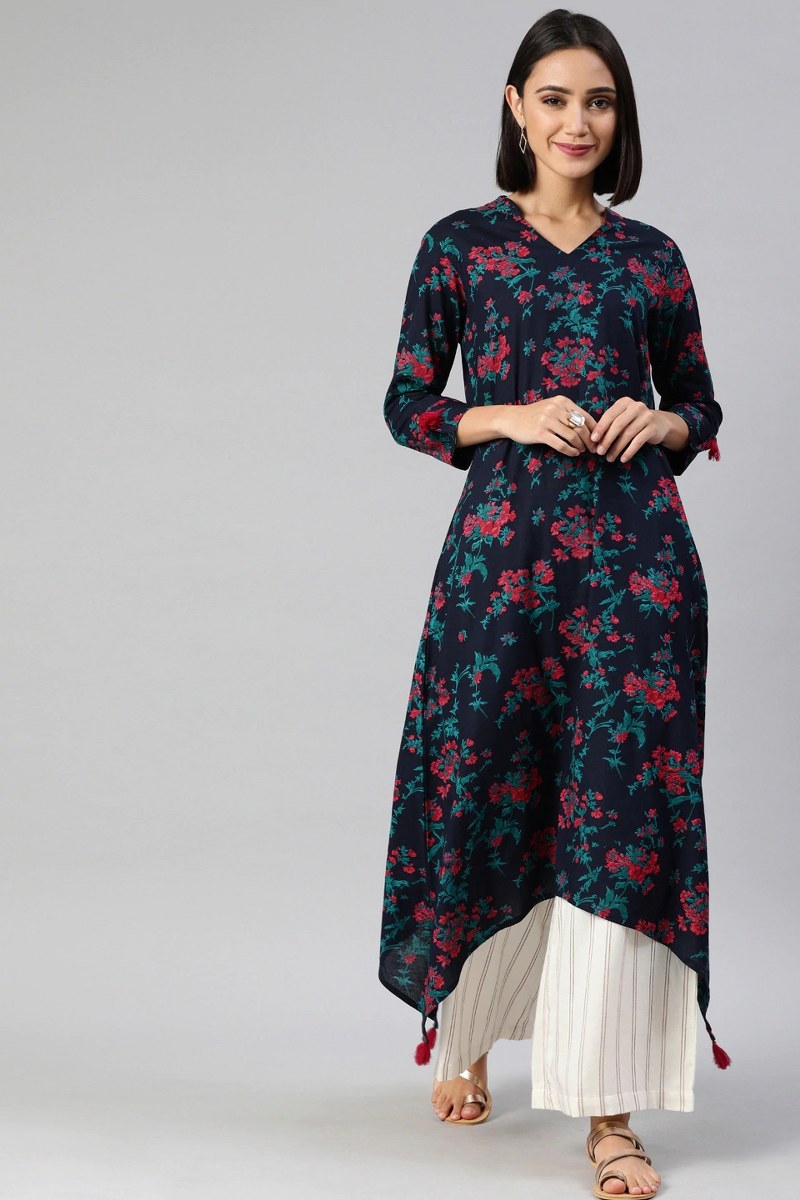 Ahika Women Blue And Red Printed A Line Cotton Kurta 