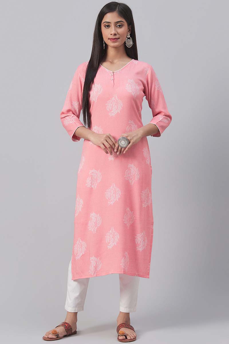 Ahika Women Pink Floral Printed Straight Kurta 