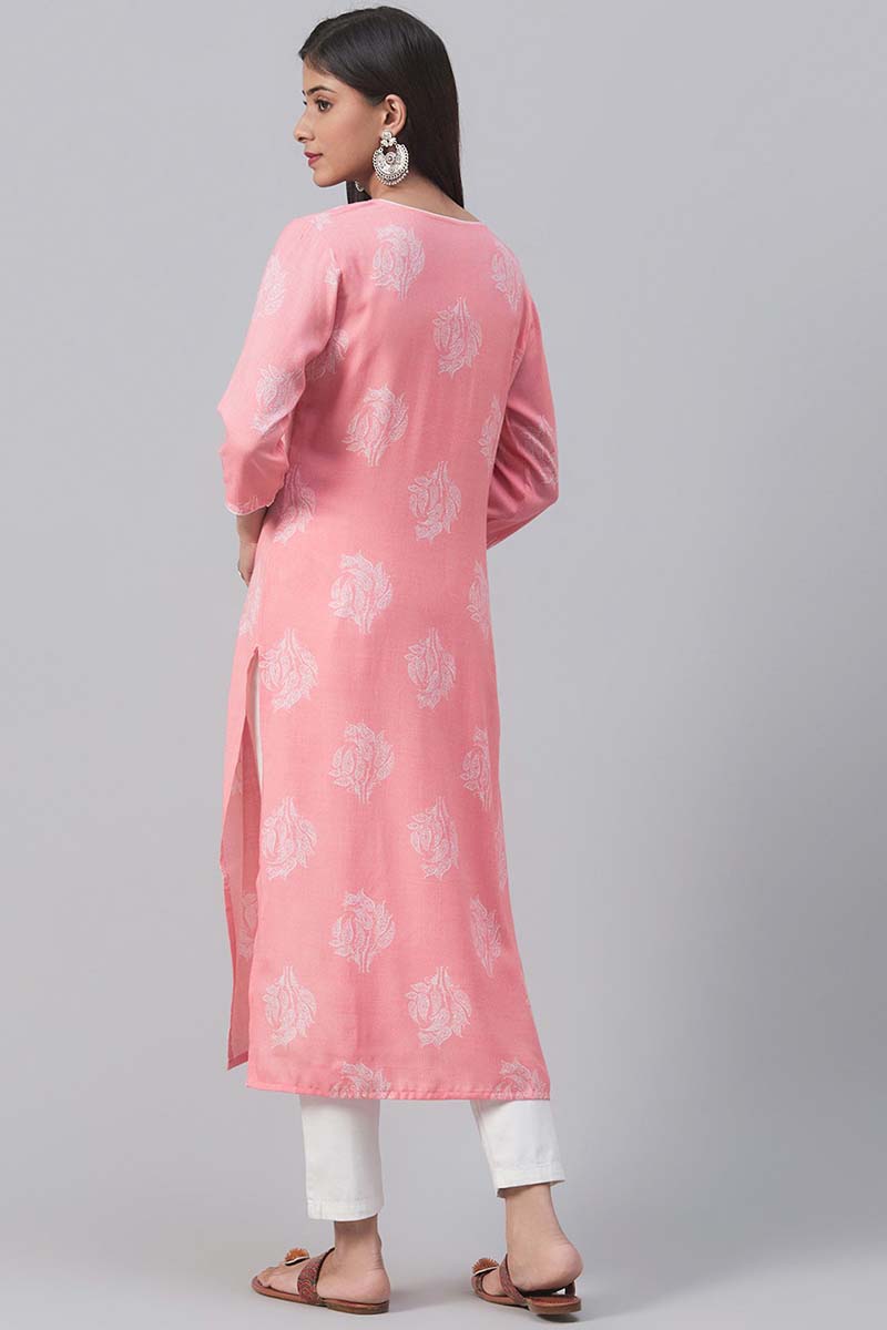 Ahika Women Pink Floral Printed Straight Kurta 