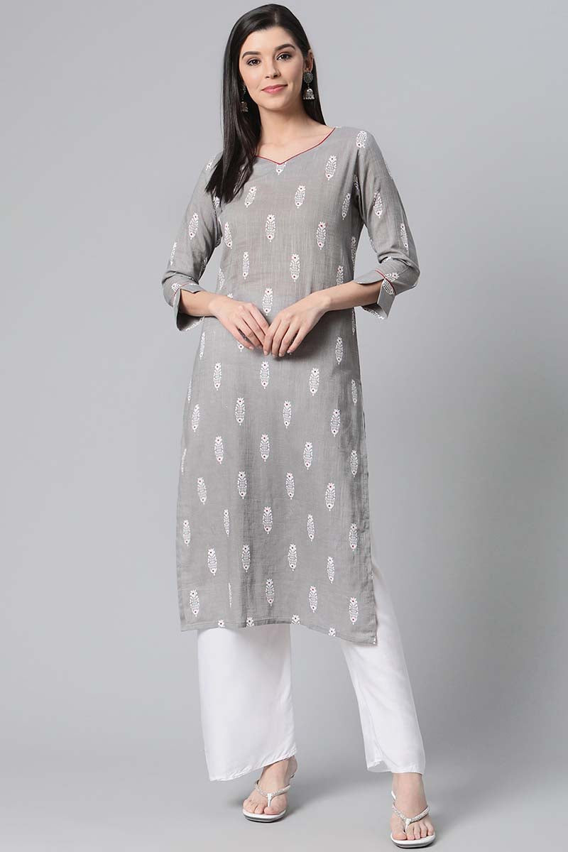 Ahika Women Grey And White Printed V-Neck Straight Kurta 