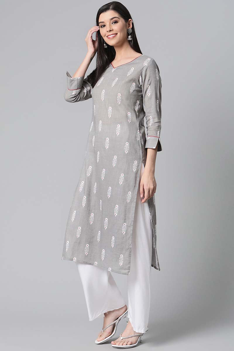 Ahika Women Grey And White Printed V-Neck Straight Kurta 