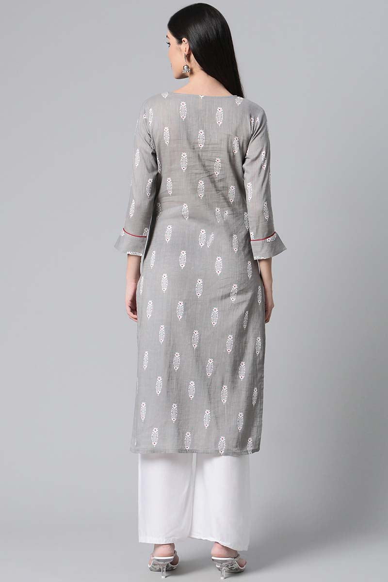 Ahika Women Grey And White Printed V-Neck Straight Kurta 