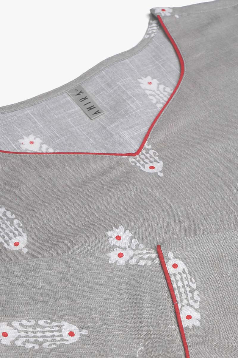 Ahika Women Grey And White Printed V-Neck Straight Kurta 