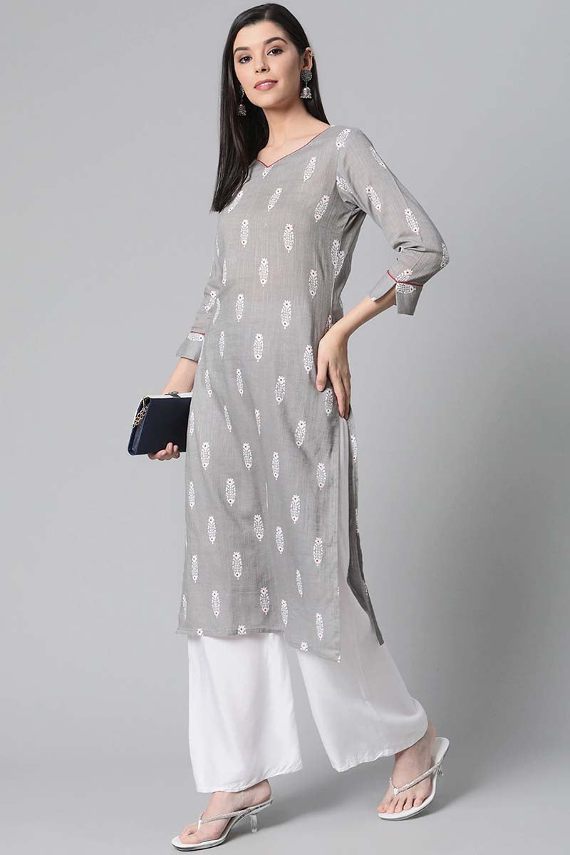 Ahika Women Grey And White Printed V-Neck Straight Kurta 