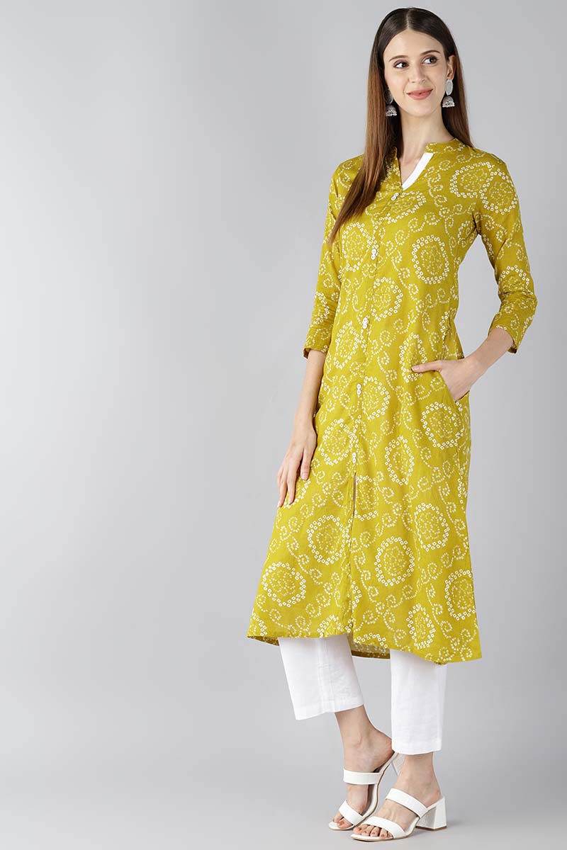 Ahika Women Mustard Yellow Printed A Line Kurta 