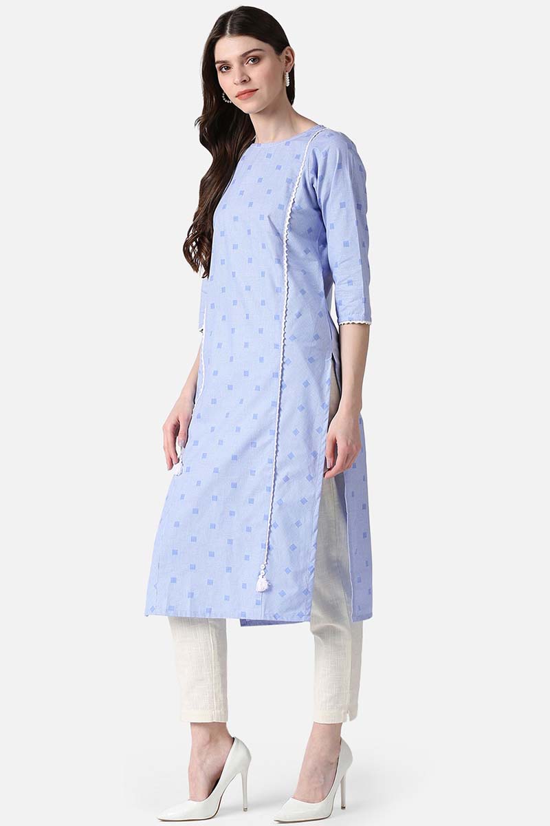  AHIKA Women Blue & White Checked Kurta with Lace Detail 