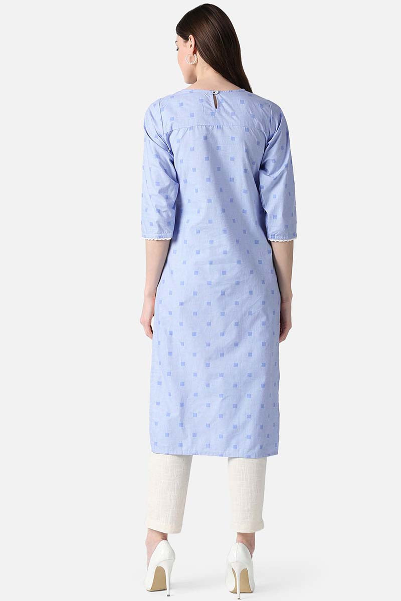  AHIKA Women Blue & White Checked Kurta with Lace Detail 