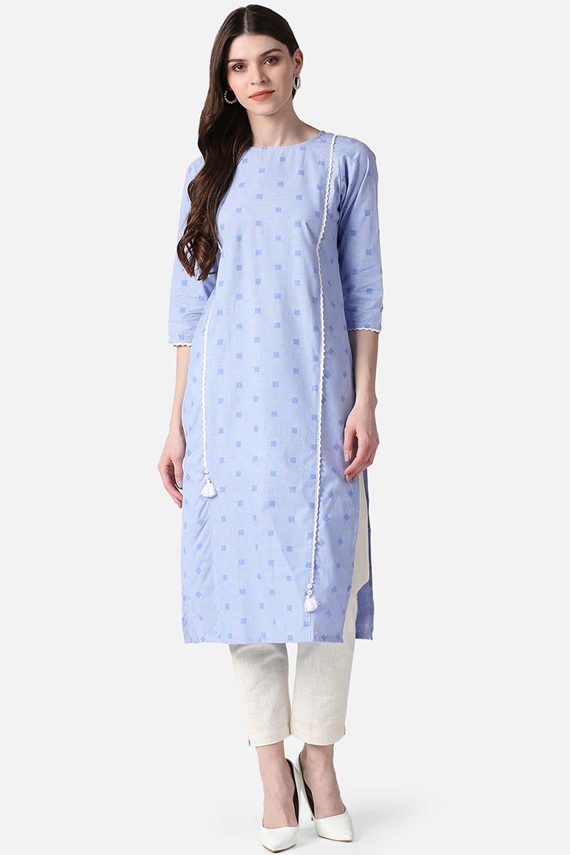  AHIKA Women Blue & White Checked Kurta with Lace Detail 