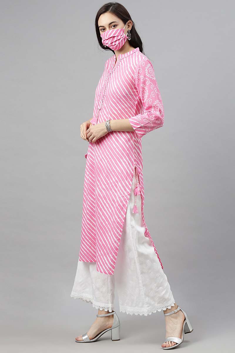  AHIKA Women Pink Leheriya Printed Kurta