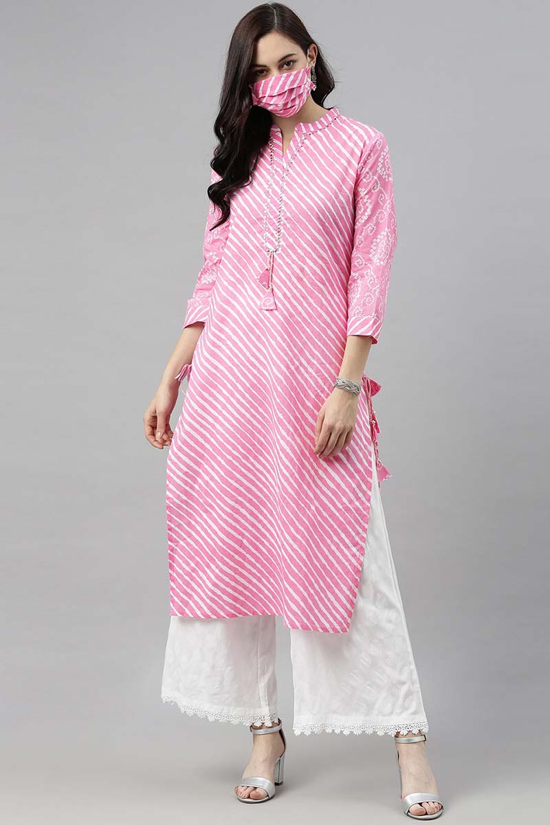  AHIKA Women Pink Leheriya Printed Kurta