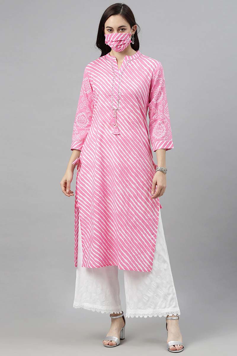  AHIKA Women Pink Leheriya Printed Kurta