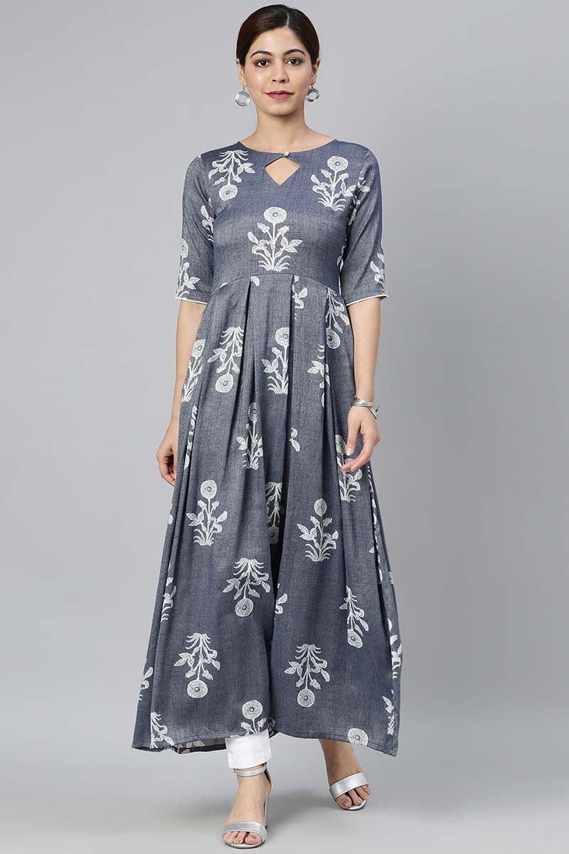 AHIKA Women Grey & White Floral Printed Kurta 